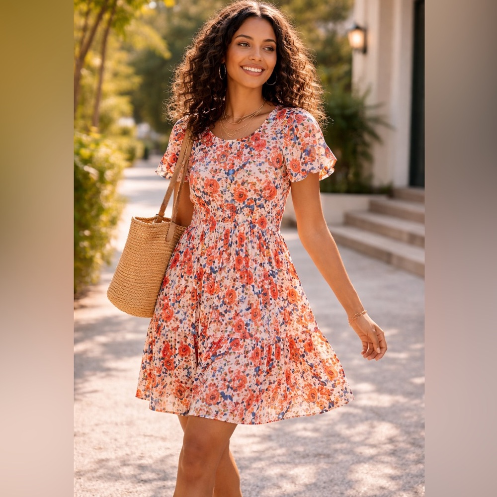 ICHI Floral Short Sleeve Pleated Mini Dress Size 38 Boho Summer Chic Vacation